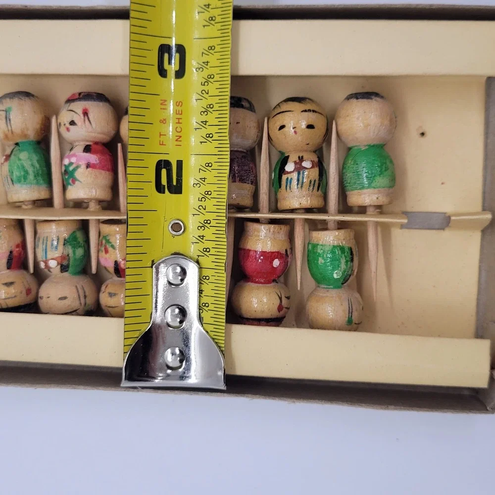 Vintage Hand Carved Painted Wooden Kokeshi Birthday Candle Holders Set of 12 Box
